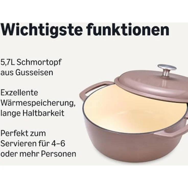 Amazon Basics Schmortopf Rund, Emaillierter Gusseisen Dutch Oven mit Deckel, 5,7 L, Lehmfarben, gleichmäßige Wärmeverteilung, für alle Herdarten geeignet – Bild 2