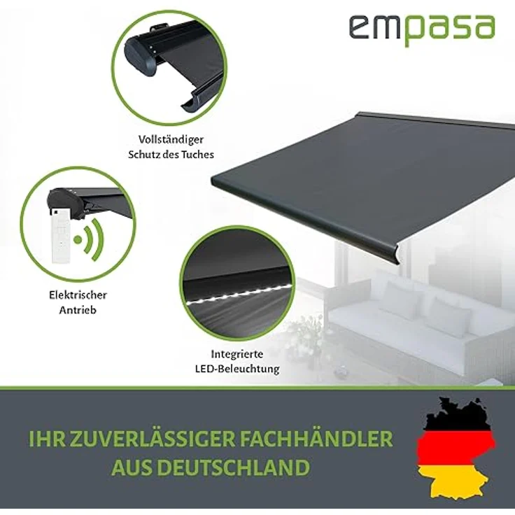empasa Elektrische Vollkassettenmarkise 'Profi' mit LED Beleuchtung Kassettenmarkise Gelenkarmmarkise Markise Sonnenmarkise Sonnenschutz – Bild 3
