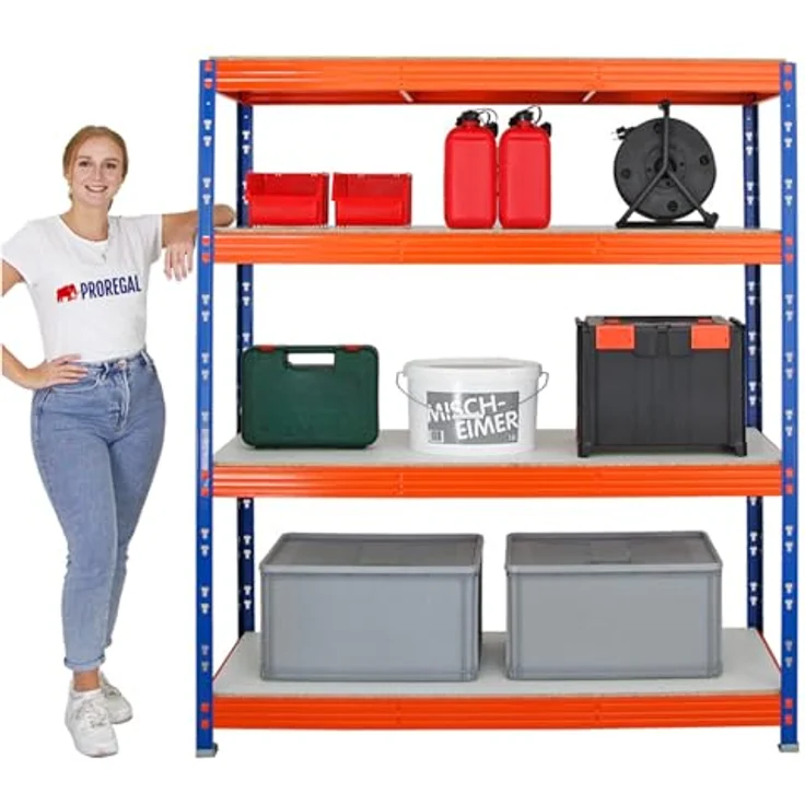 Proregal Schwerlastregal Mega Deal Profi RHINO, H 180 x B 160 x T 60 cm, Traglast 500 kg pro Boden, 4 verstellbare Böden, Steckmontage, Blau-Orange – Bild 5