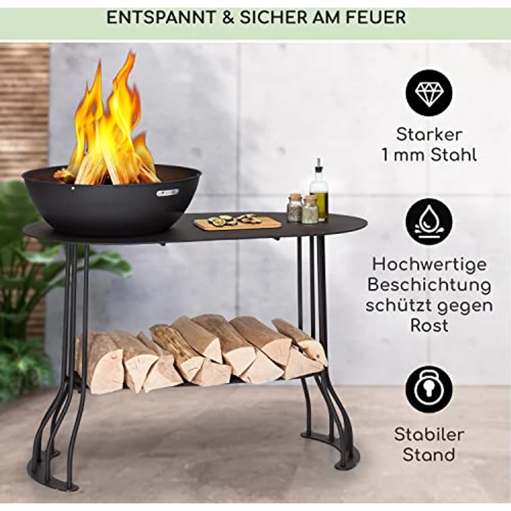 Blumfeldt Feuerschale 1 m hoch, wetterfeste Feuerstelle aus Stahl mit Grillrost & Abdeckung, inklusive Schürhaken – Bild 4