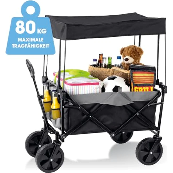 EASYmaxx Bollerwagen mit Dach faltbar, klappbarer Handwagen bis 80 kg belastbar, kompaktes Design, ausziehbarer Teleskopgriff, 360° Vorderräder, Schwarz – Bild 2