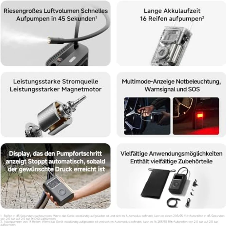Xiaomi Air Compressor 2 PRO, Tragbarer Elektrischer Luftkompressor für Autoreifen und mehr, Silber – Bild 3