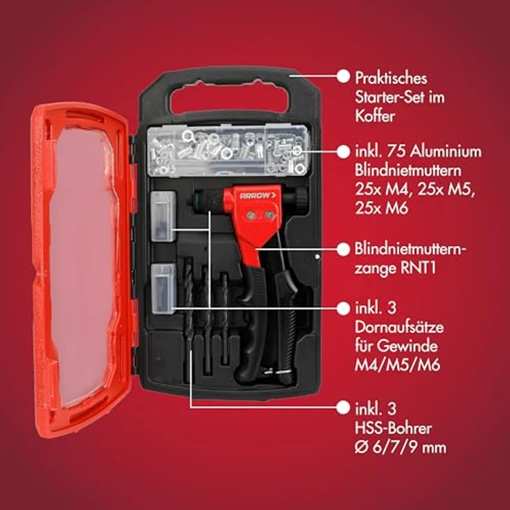 Arrow Nietmutternzange RNT1, inklusive 75x Aluminium Nietmuttern, HSS-Bohrer und M4/M5/M6 Gewindedorn, im Koffer-Set – Bild 5