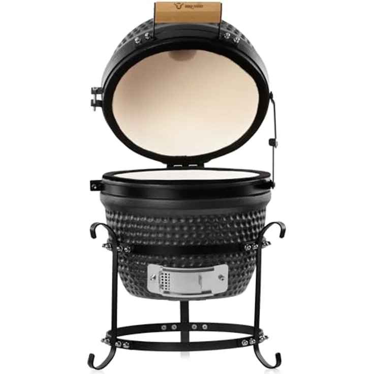 BBQ-Toro Kamado Grill Holzkohlegrill Haiiro Ø 32 cm mit Thermometer, Holzgriff | Matt Grau, Bubble Frosted Glaze | Kamado Keramikgrill, Mini Holzkohlegrill, Mini Kamado Grill, Keramik Grill – Bild 4