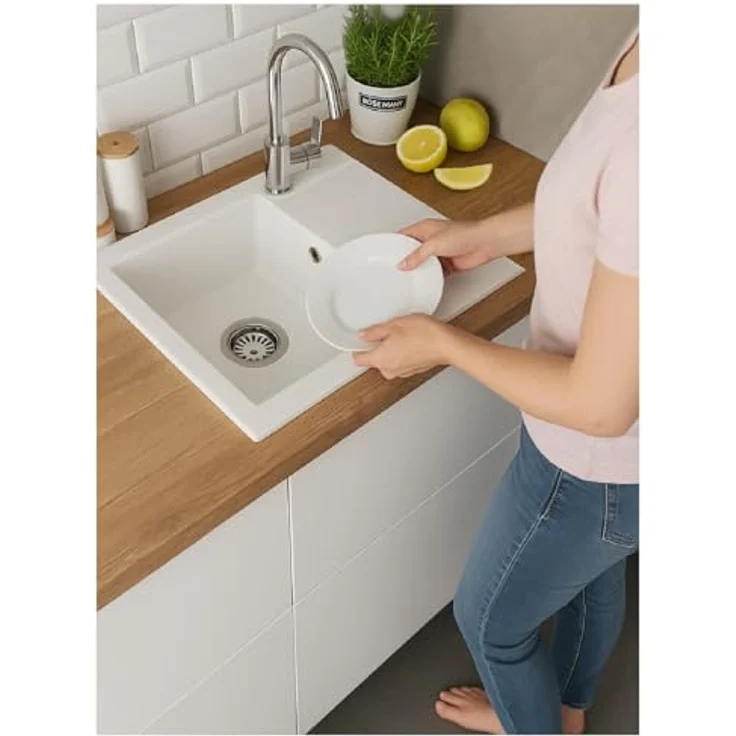 QLS Granit-Küchenspüle LUNA 1-Becken mit Abtropffläche, reversibel, 59x44 cm, für 40 cm Unterschrank, matt weiß, mit automatischem Siphon – Bild 2