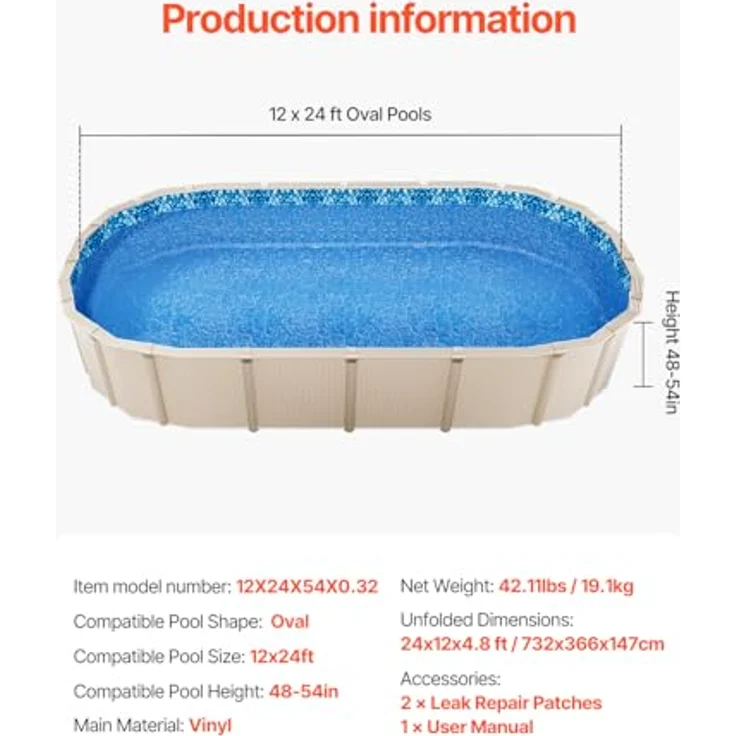 VEVOR YCNCOVAL12249VN11V0, Ovale Poolfolie aus Vinyl in Blau, 7,32 m x 3,66 m, verschleißfest und reißfest – Bild 7