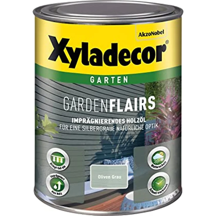 Xyladecor GardenFlairs, Holzlasur für wettergeschützte Imprägnierung, Oliven Grau, 1L, schnell trocknend, seidenglänzend – Bild 1