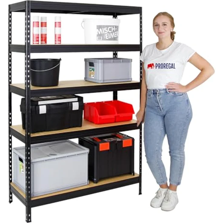 Proregal Schwerlastregal Rivet, 5 Böden, Traglast 250 kg pro Ebene, Schwarz, H 180 x B 120 x T 45 cm – Bild 5