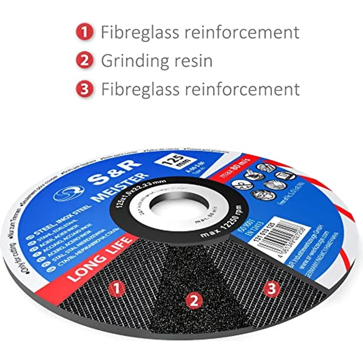 S&R Trennscheibe für Metall, Stahl, Edelstahl/INOX 230x2,0x22,23mm A30 S-BF, Set 25 Stück - 2-fach verstärkte Scheibe für präzises Trennen, zertifiziert nach DIN EN 12413, für Winkelschleifer mit 230 mm – Bild 5
