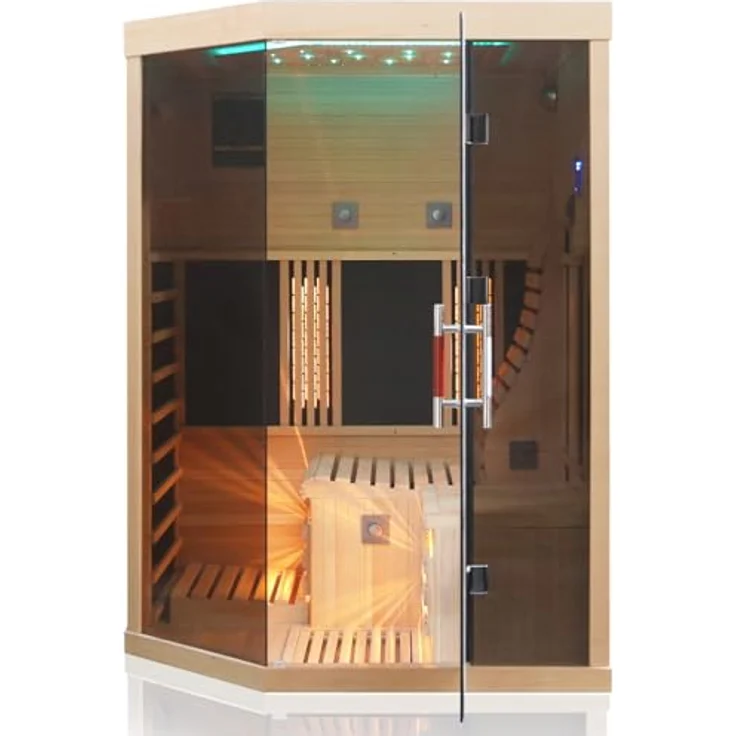 Dewello Infrarotkabine OTTAWA 140x120 Wärmekabine, bis zu 2 Personen, 6 Vollspektrumstrahler, mit Farblichttherapie, Ionisator mit Ozondesinfektion und Aromatherapie, USB-Anschluss & Bluetooth, Hemlockholz, BxTxH: 140 x 120 x 190 cm – Bild 3