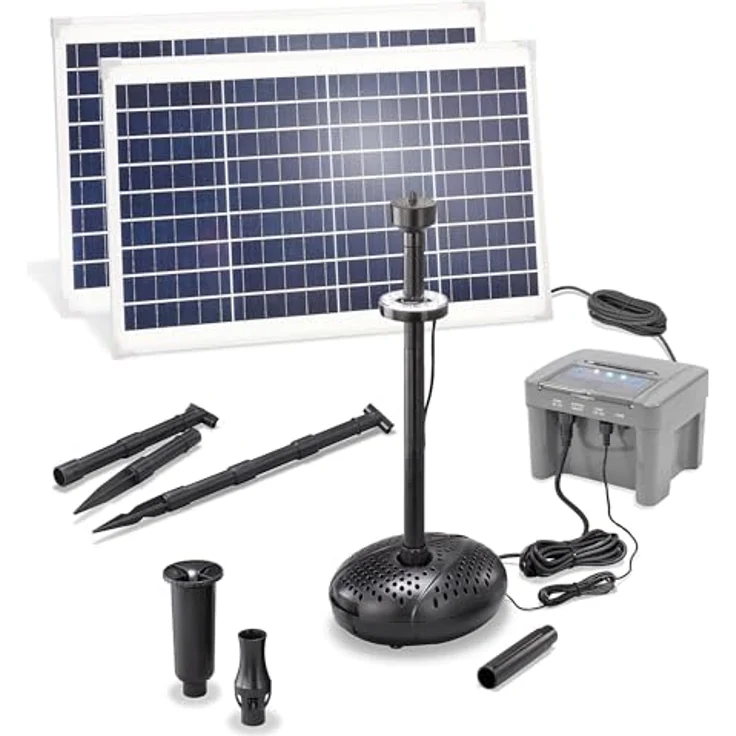 Esotec Solar Teichpumpenset 70/2800 LED, Tauchpumpe mit 12,8V/12Ah LiFe-Akkuspeicher und 2 Solarmodulen – Bild 1