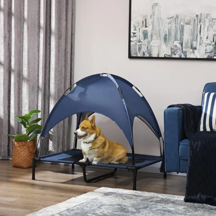 PawHut Haustierbett mit Baldachin, Erhöhtes Hundebett, Hundeliege Outdoor mit Dach, Atmungsaktiv, Taftstoff Dunkelblau 92 x 76 x 90 cm – Bild 2