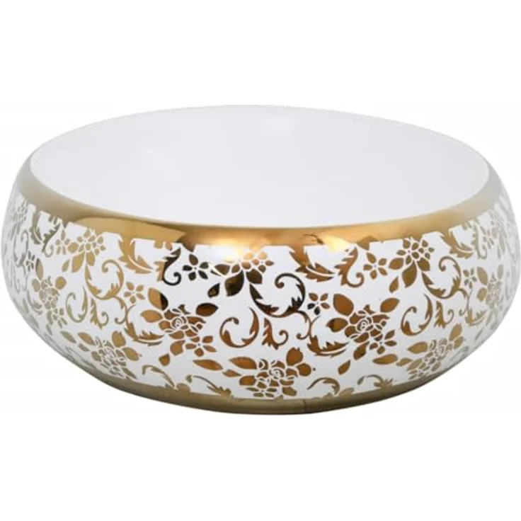vidaXL Aufsatzwaschbecken, Oval Waschbecken mit Muster, Handgefertigt Waschtisch Waschschale für Badezimmer, Handwaschbecken Spülbecken, Weiß Golden 59x40x15 cm Keramik – Bild 5