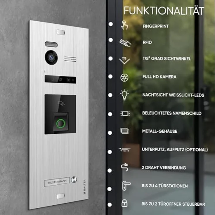 Balter EVO HD Video-Türsprechanlage, 7 Zoll Monitor, Fingerprint & RFID, Full HD Kamera 175° Ultraweitwinkel, Komplettset 6-tlg. – Bild 2