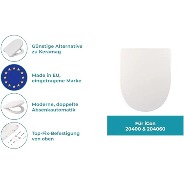 Calmwaters WC-Sitz Keramag Icon 204000 & 204060, D-Form mit Absenkautomatik, antibakteriell und kratzfest, Weiß – Bild 2
