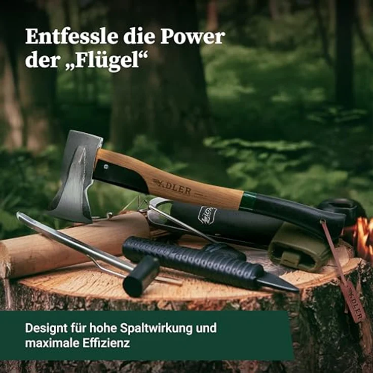 Adler Spaltbeil inkl. Lederschutz: Robustes Holzbeil aus C60-Stahl, 50cm Hickorystiel, Anti-Rutsch, rot/schwarz, 1250g – Bild 3