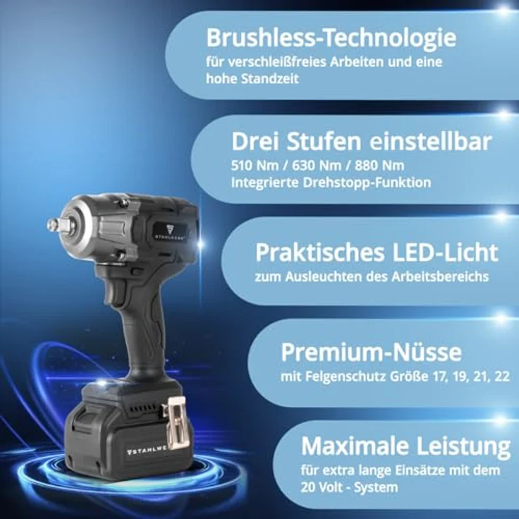STAHLWERK Akku-Drehschlagschrauber ADS-880 ST, 20 Volt-System mit 880 Nm, Brushless-Technologie, inkl. 4 Schonnüsse 17-22 mm, Akku und Ladegerät – Bild 3