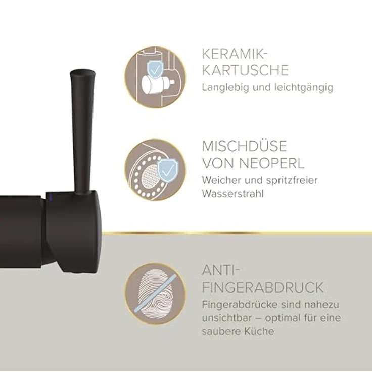 Lenz Küchenarmatur NOVA, Nickelfrei, Anti-Fingerabdruck Oberfläche, Schwarz-matt, Flexible Pendelbrause mit 2 Strahlarten – Bild 7