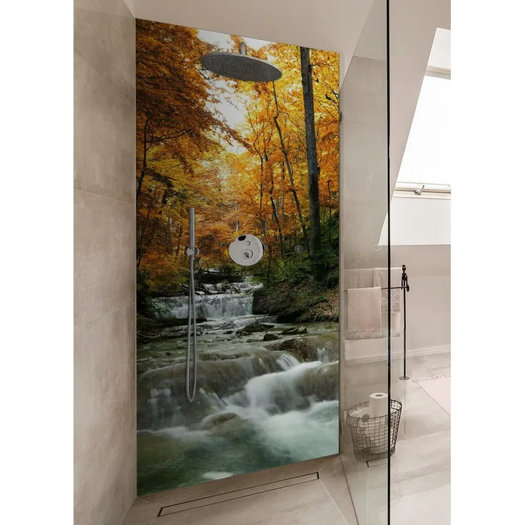 Wallario Duschrückwand Kleiner Bach über Steine im Herbstwald, (1-tlg) - Hochwertige Duschrückwand für eine modern und stilvoll gestaltete Dusche in Echtglasoptik, selbstklebend, kratzfest und langlebig