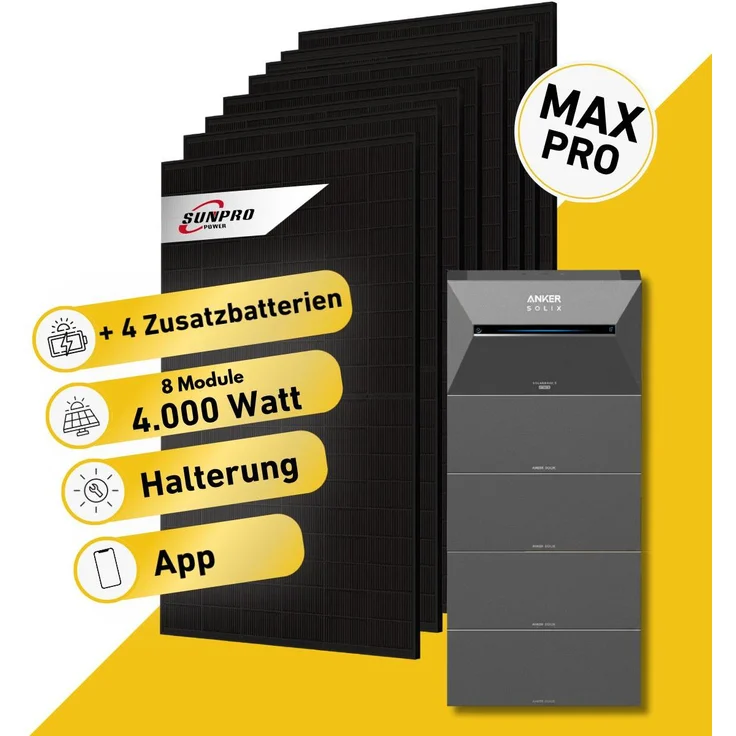 Balkonstrom Balkonkraftwerk 4000W mit 5 kWh Speicher, 4 Zusatzspeichern, Biberschwanzdachhalterung, 2 Bifazialen Solarmodulen, Anker Solix 4 Pro, 3m Kabel