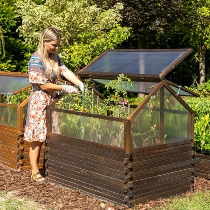 Greenspot Garten-Frühbeet Timber, 120 x 80 x 60 cm, Mini-Gewächshaus aus dunklem Palisander mit öffnender Abdeckung, ideal für Kräuter, Gemüse und Blumen – Bild 6