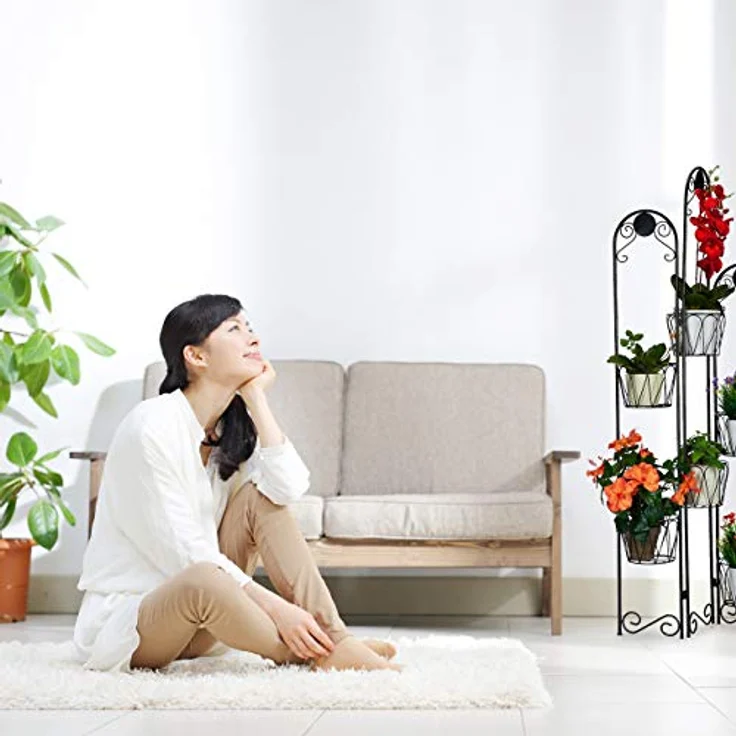 Relaxdays Blumenständer Metall, Paravent für Blumentöpfe, 6 Ablagen, Blumentreppe Indoor & Outdoor, H: 140 cm, schwarz – Bild 3