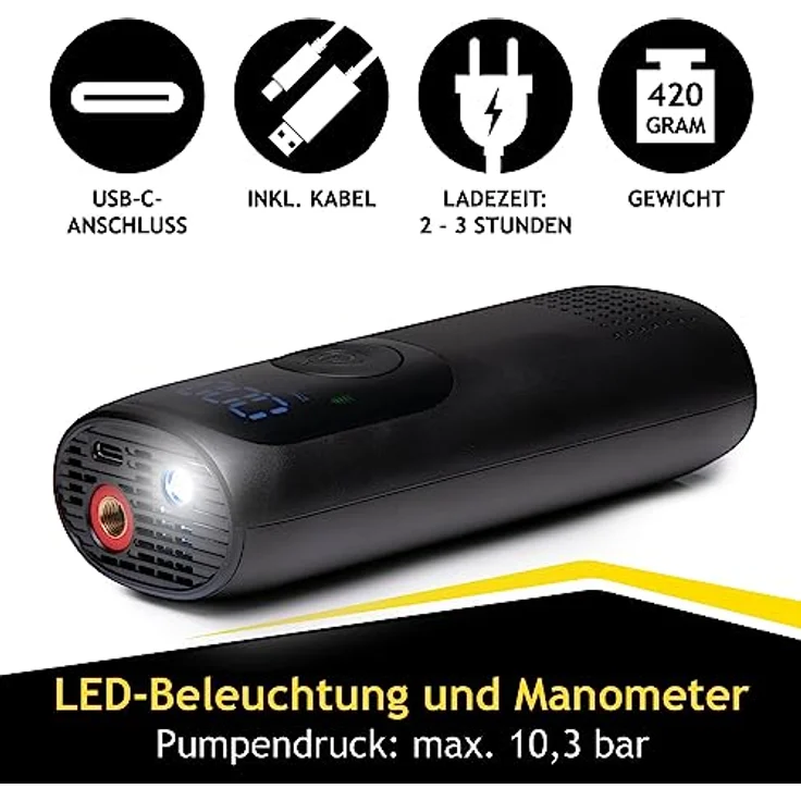 DUNLOP Elektrische Luftpumpe 150PSI - Akku Kompressor mit USB-C Anschluss - Schwarz – Bild 3