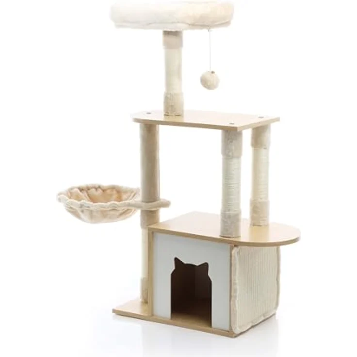 Fudajo Kratzbaum mit Holz in Beige 106 cm hoch, Katzenkratzbaum mit Katzenhaus und Liegemulde, Katzenbaum mit Sisal, Katzenmöbel mit Plüsch – Bild 2