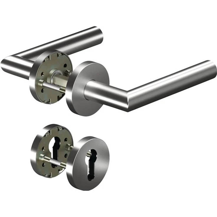 Ogro CORE+8906 Rosettengarnitur, Türgriff aus Edelstahl, für Türstärken 38-63 mm, DIN links/rechts, geprüft nach DIN EN 1906, flach