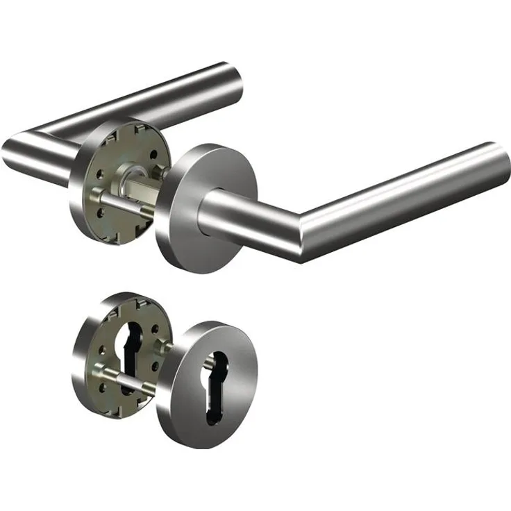 Ogro CORE+8906 Rosettengarnitur, Türgriff aus Edelstahl, für Türstärken 38-63 mm, DIN links/rechts, geprüft nach DIN EN 1906, flach