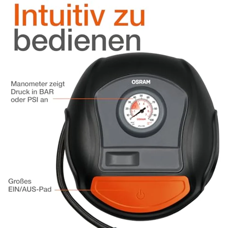 Osram Auto OTI200 Kompressor Analoges Manometer, Kabelfach-aufnahme, Überlastungsschutz – Bild 5