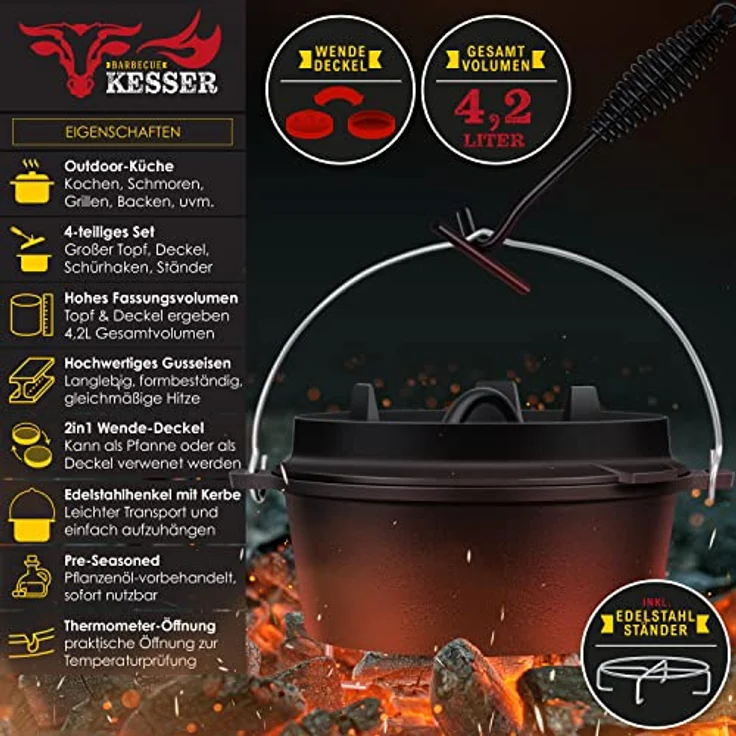 KESSER® Dutch Oven Set BBQ 4,2 Liter, Feuertopf Schmortopf mit Edelstahluntersetzer, Gusseisen Topf mit Deckelheber Henkel und Schlitz für Themormeter, kochkessel Grilltopf für Oudoor & Indoor – Bild 2