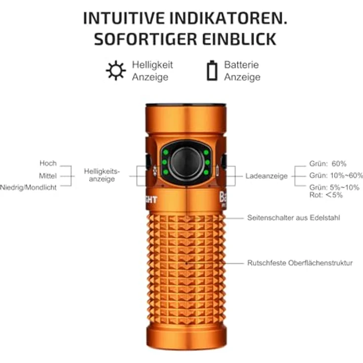 OLIGHT Baton 4 Kit, LED Taschenlampe aufladbar mit 1300 Lumen, 190 Tagen Laufzeit, 170m Leuchtweite, IPX8 wasserdicht, dimmbares Ladecase, orange – Bild 2