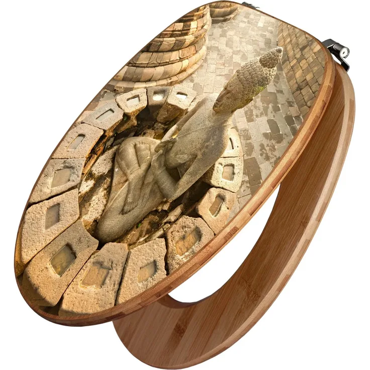 Banjado Bambus WC Sitz, Toilettendeckel mit Sitzendem Buddha Motiv, Universal Scharnieren, 44cm x 38cm x 5,5cm