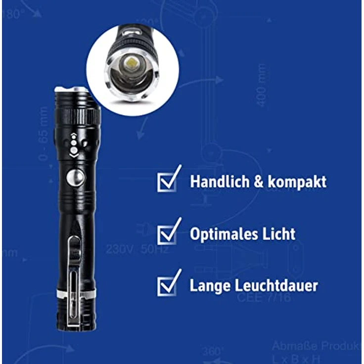 Maul LED-Taschenlampe Luna – robuste und outdoor-taugliche LED Taschenlampe inkl. Halteclip aus Metall – Stabtaschenlampe mit langer Leuchtdauer und Spritzwasserschutz (IPX4) – schwarz – Bild 3