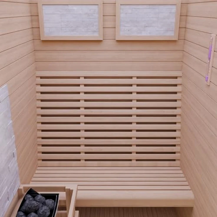 Dewello Sauna MINTO 120x120 Finnische Sauna, 2 Personen, Saunaofen, Harvia 3,5KW, BxTxH: 120 x 120 x 190 cm, Holzoptik – Bild 8