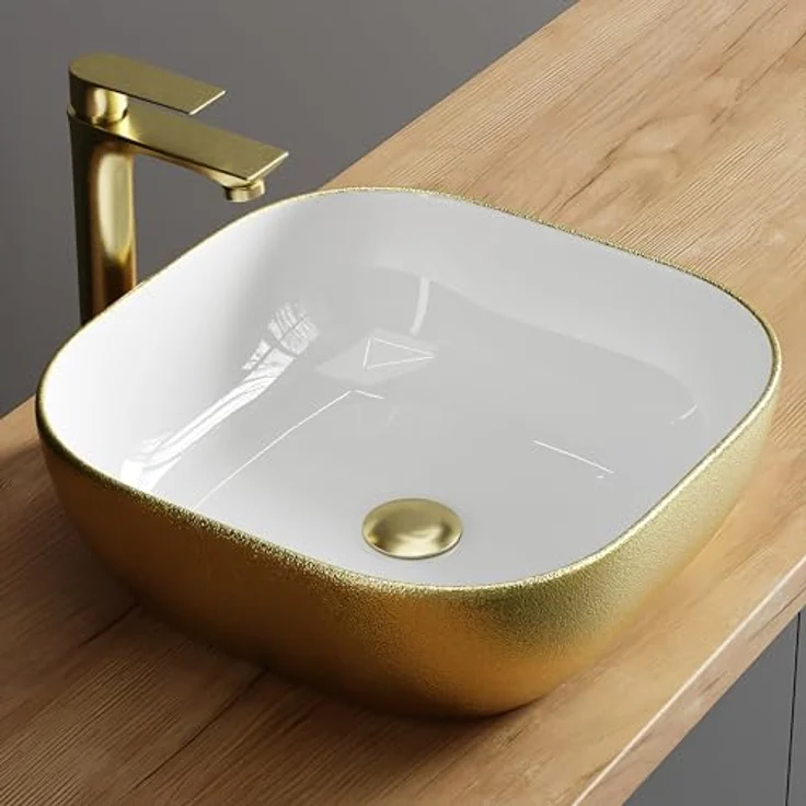 Planetmöbel Aufsatzwaschbecken Aquil, Keramik Waschbecken 42 cm quadratisch, glänzend in Gold, ohne Hahnloch und Überlauf, für Waschtische und Waschplätze – Bild 2