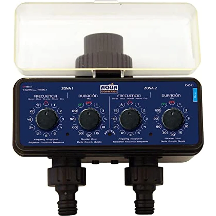 AQUA CONTROL Wasserhahn-Programmierer C5005, Bewässerungscomputer mit Doppelauslass und Zeitverzögerungsfunktion, 2 Programme, LED-Batterieanzeige – Bild 1