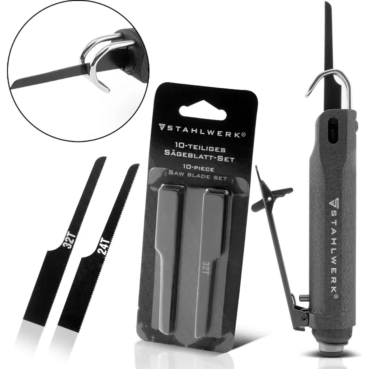 STAHLWERK Druckluftstichsäge bis zu 9.000 Hübe-min Karosseriesäge zum Schneiden von Holz, Metall, Karosserieblechen inkl. 12 Sägeblätter