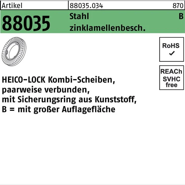Artikel 88035 St. verg. zinklamellenbeschichtet HEICO-LOCK Kombi-Scheiben mit großer Auflagefläche - Abmessung: HKB-12 VE=S (100 Stück)