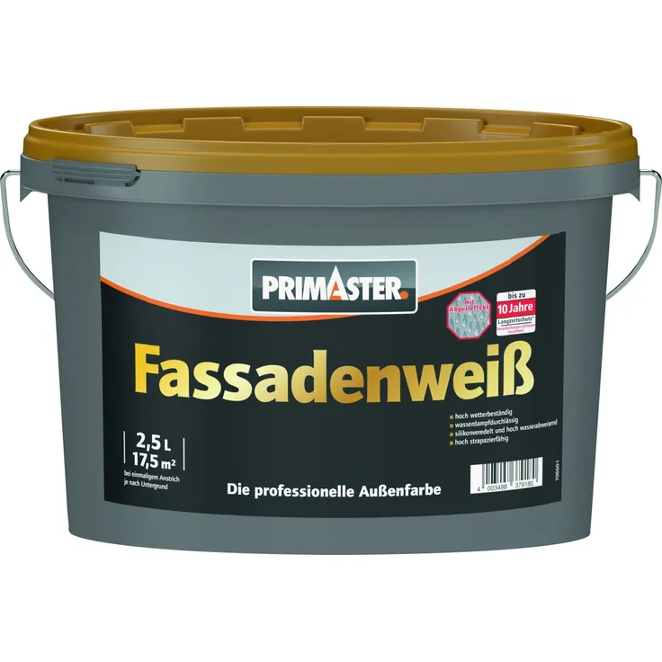 Primaster Fassadenfarbe Primaster Fassadenweiß, siloxanverstärkte Außendispersionsfarbe, 2,5 L, wetterbeständig, weiß