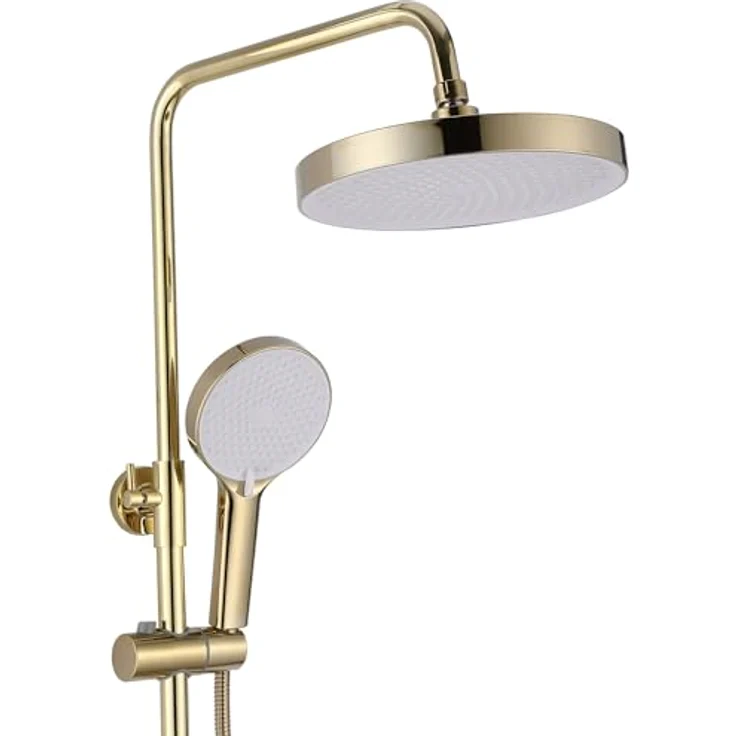 Rea Veneta Gold Duschsystem, Duschset mit Duscharmatur, Duschkopf und Kopfbrause aus Messing, Aufputzmontage, 3 Funktionen, gold – Bild 3