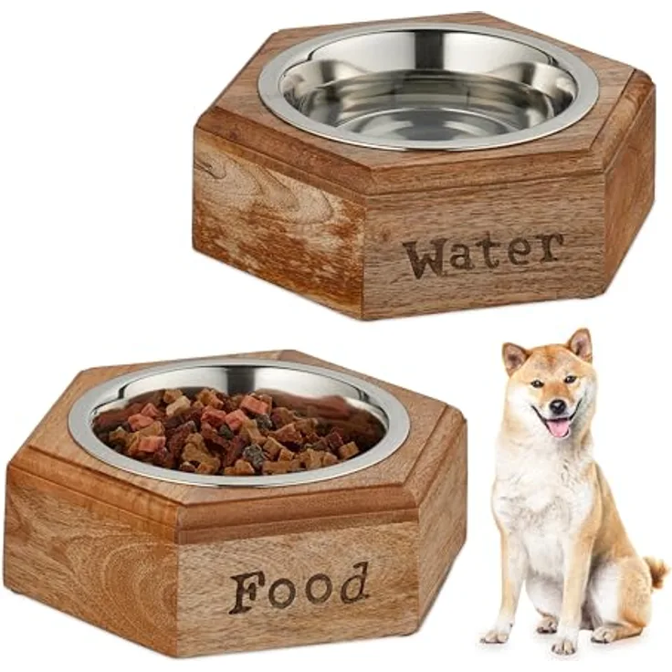 Relaxdays Hunde Napfset, Doppelnapf, 2 Edelstahlnäpfe, 1 l, HBT: 7,5 x 23,5 x 21 cm, Futterbar, Trinknapf, Natur/Silber
