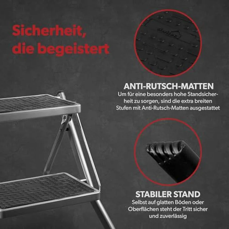 siwitec Mini-Klapptritt aus Stahl 2 Stufen Anthrazit | Kleine Trittleiter mit Anti-Rutsch-Matten | TÜV/GS Zertifiziert | 150 kg Traglast | Klappleiter – Bild 4