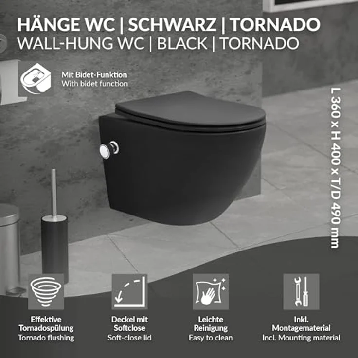 LuxeBath Wand WC Spülrandlos mit Bidet-Funktion, Schwarz matt, Tiefspüler Tornadospülung Keramik Hänge WC kurz 49cm, Dusch WC Softclose-Klodeckel abnehmbar, Kloschüssel Hängend WC-Sitz Absenkautomatik – Bild 2