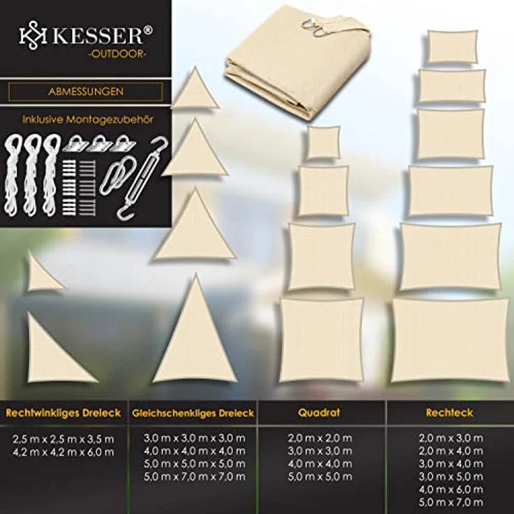KESSER Sonnensegel Sonnenschutz Windschutz HDPE Gewebe wasserabweisend & windabweisend Dreieck 5-Fach quer vernäht robust & stabil Schattenspender Garten Balkon Terrasse Dreieck, Creme, 5x5x5m – Bild 7
