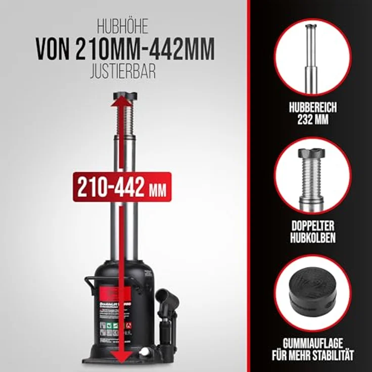HEYNER® DoubleLift 10t PRO, hydraulischer Wagenheber mit Gummiauflage, 2-stufiger Unterstellheber für SUV Transporter, Hubhöhe 210–442 mm, inkl. alca® Anti-Rutsch Schutzpad – Bild 7