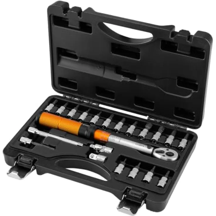 NEO TOOLS Drehmomentschlüssel 1/4 Zoll Set, 21-teilig mit 5-25 Nm Drehmomentbereich, Bits, Verlängerung und Adapter