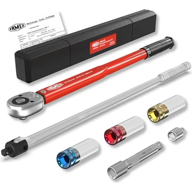 FAMEX 10914 Drehmomentschlüssel Set 1/2" (12,5mm) 30-210 Nm, mit 60cm-Gelenkschlüssel 630Nm und 3 Kunststoff-Stecknüssen für Radwechsel