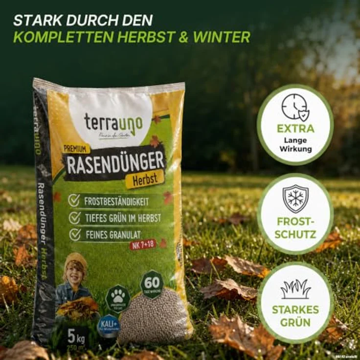 TerraUno Premium Herbstdünger Rasen, 20 kg für 1000 m², 60 Tage Langzeitwirkung, Soforteffekt, extra starkes Grün, geruchsarm & staubfrei – Bild 5